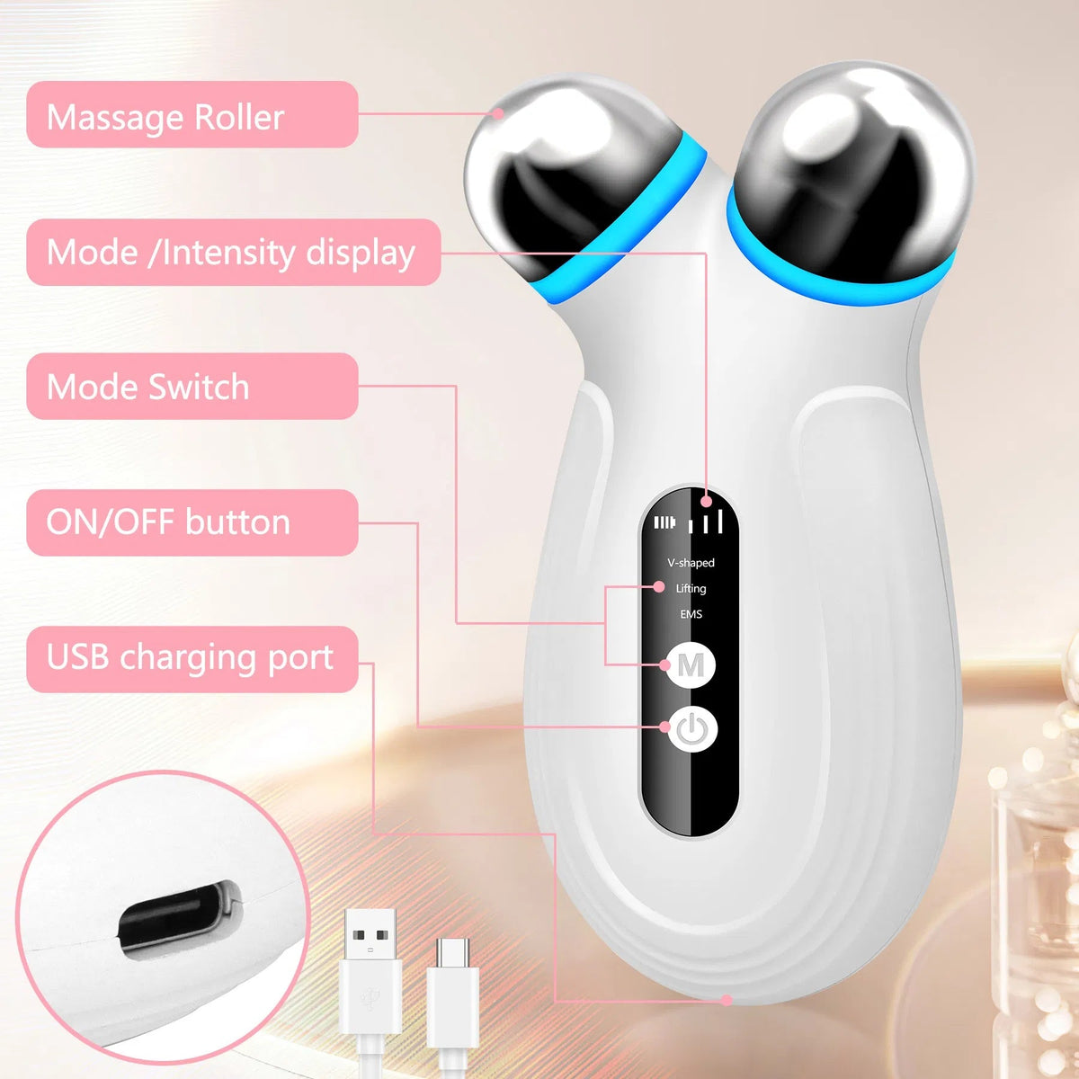 Anti Aging And Wrinkles Microcurrent Facial Device - White